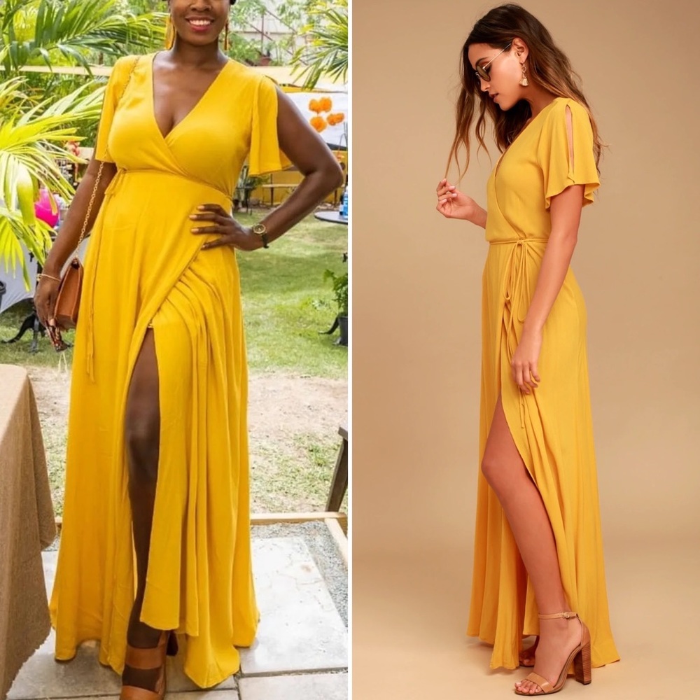 Lulus Much Obliged Wrap Yellow Mustard Maxi Dress